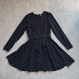 A-Line Long Sleeve Polka Dot Dress with Detachable Belt - Black and White